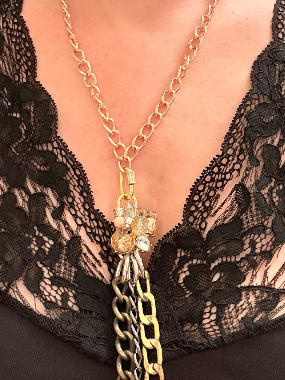 Hand-Crafted Gold-Tone Multi-Chain Pendant Necklace with Crystal Accents